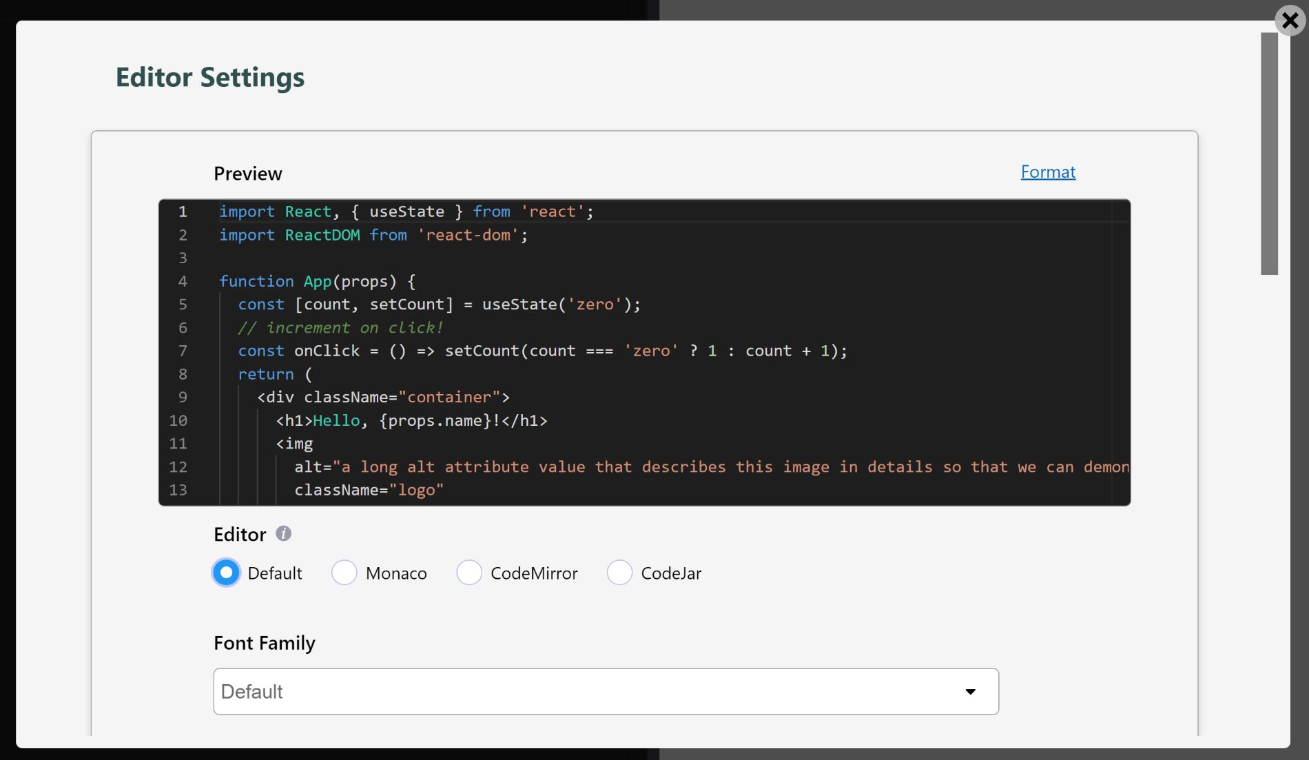 LiveCodes Editor Settings