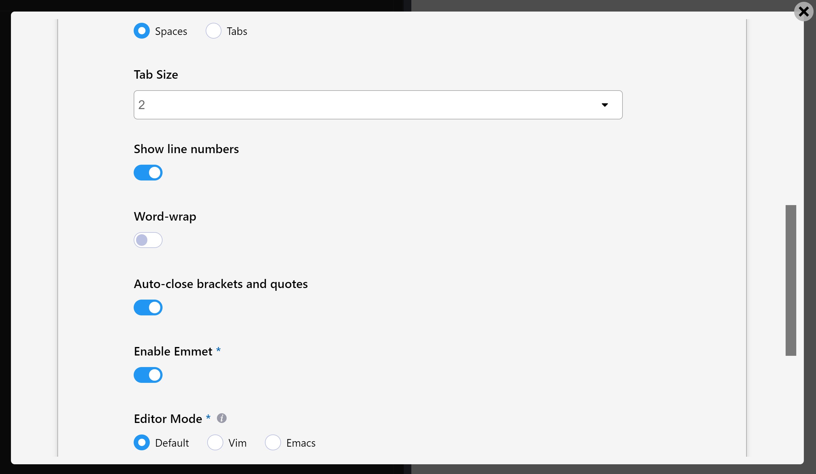 LiveCodes Editor Settings