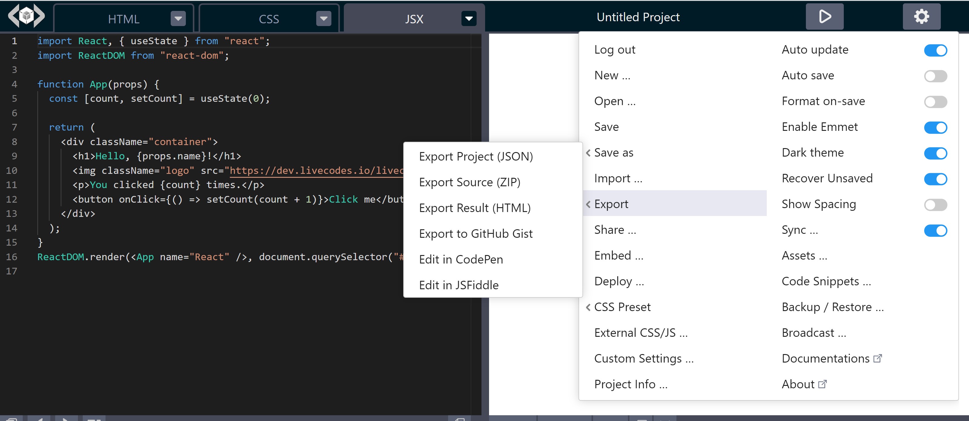 LiveCodes Export