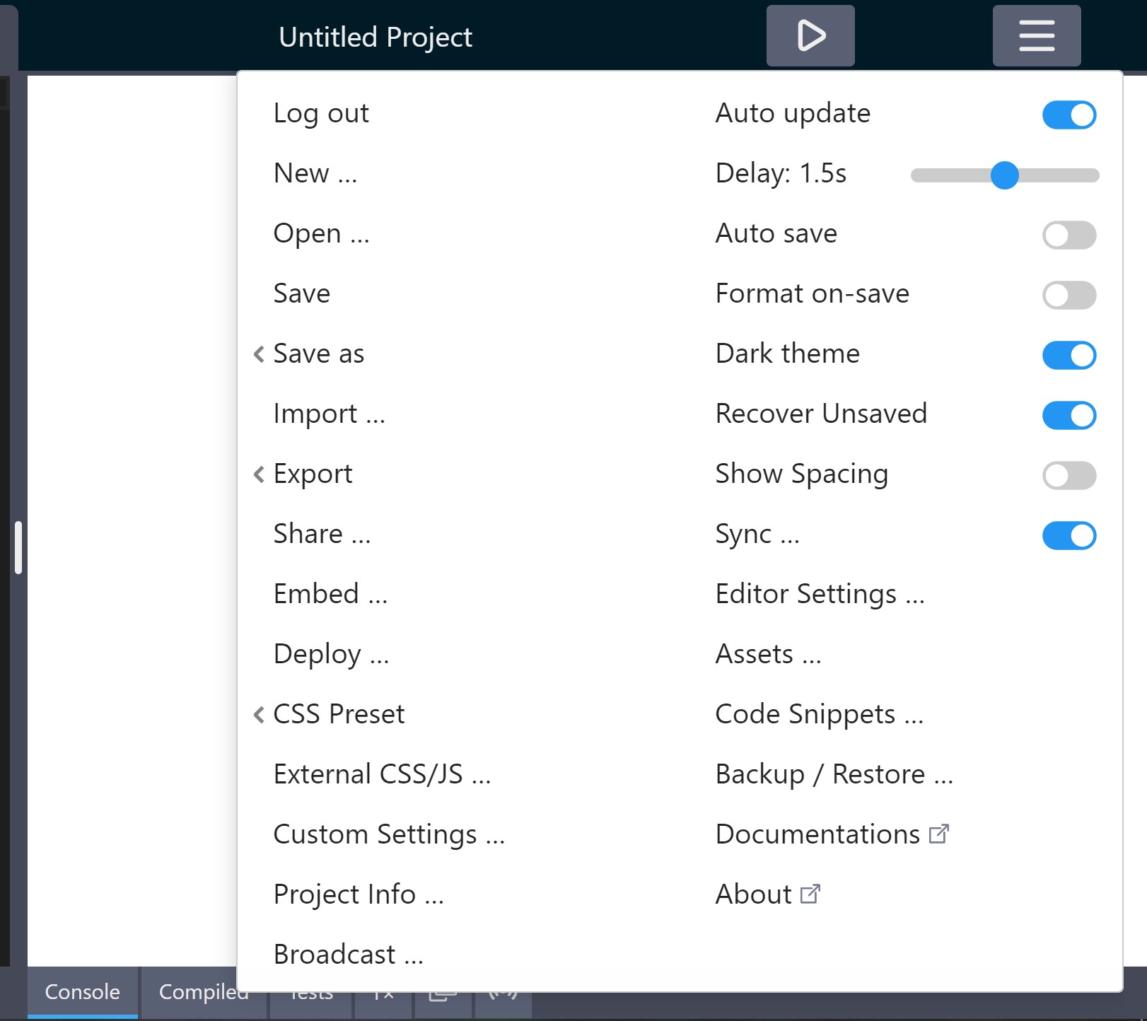 LiveCodes Editor Settings