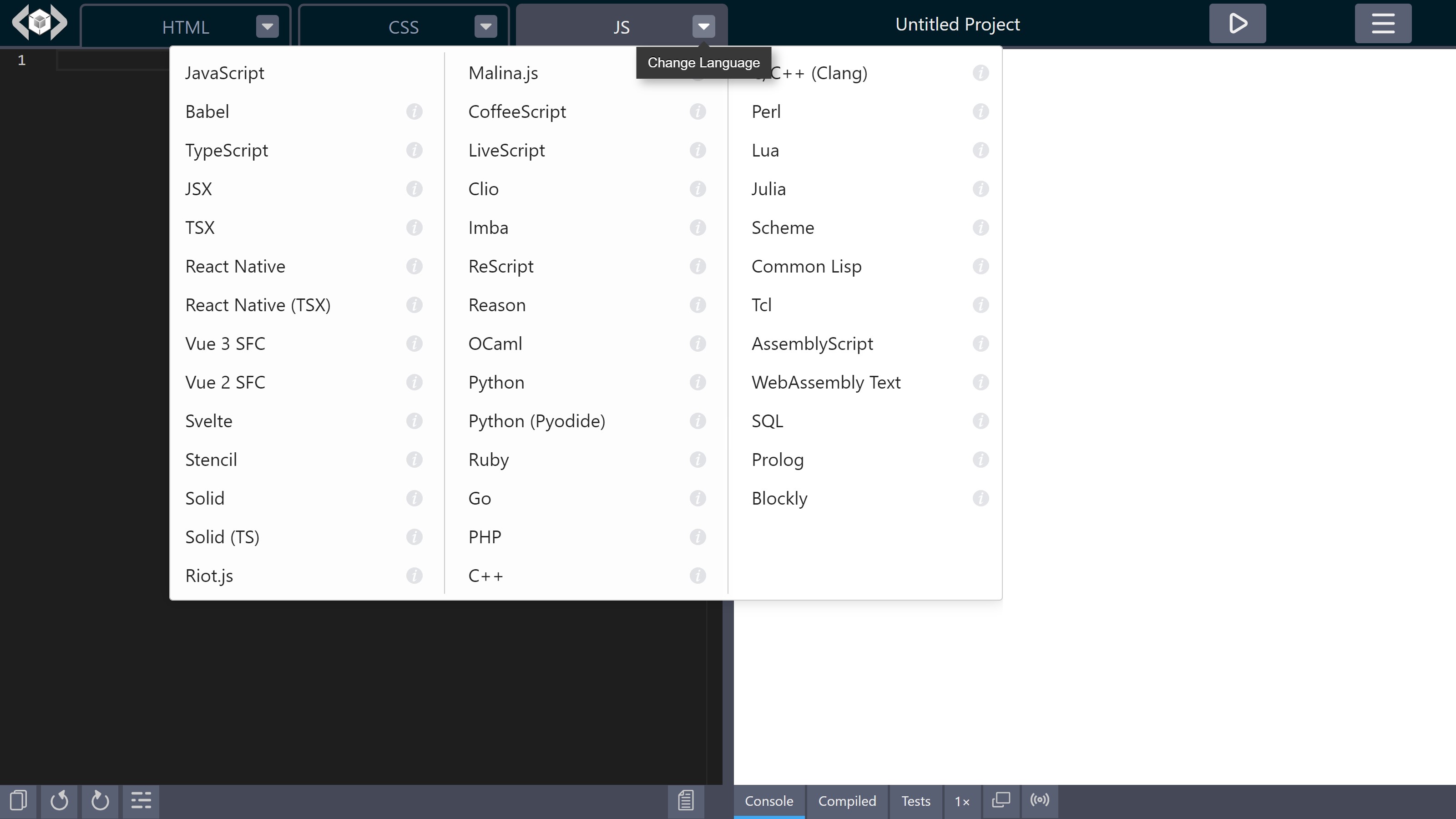A large collection of languages